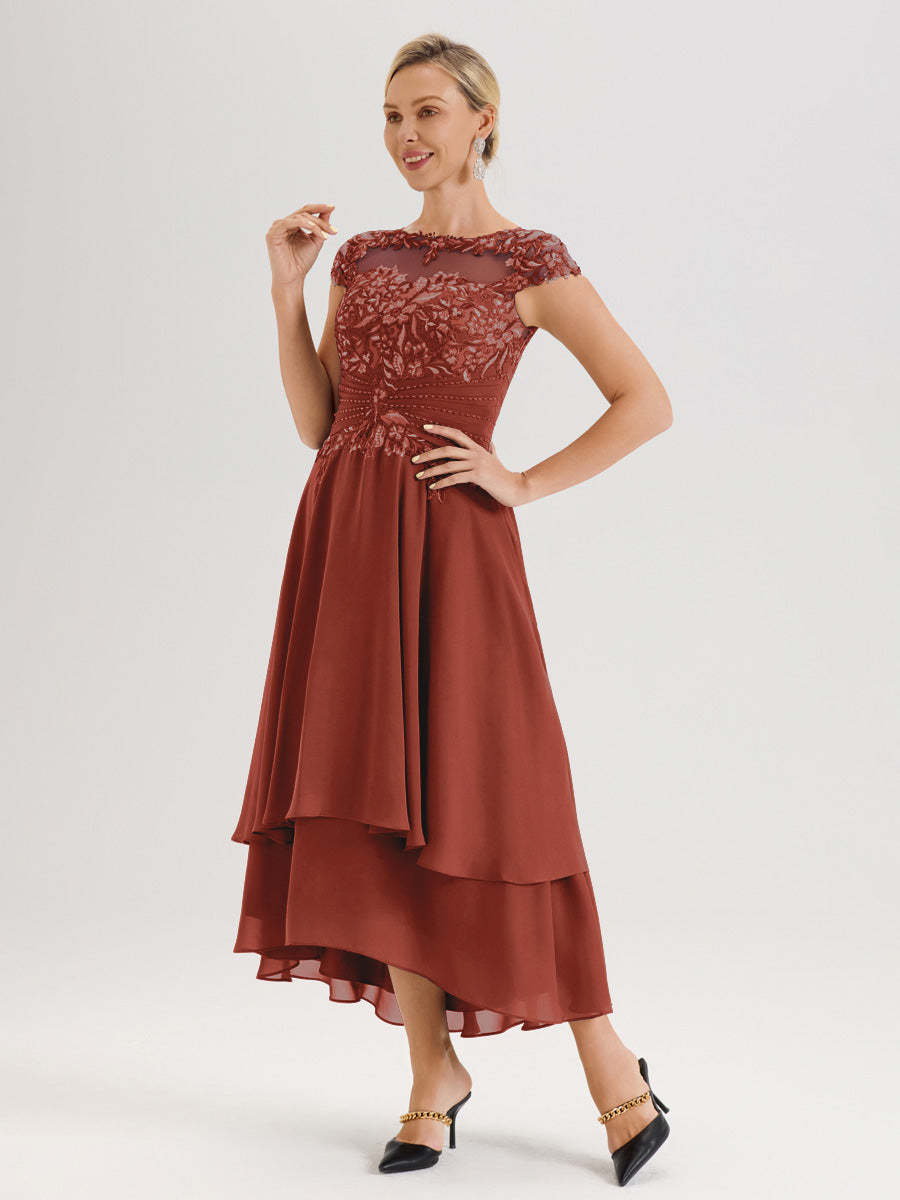 Cicinia Mère De La Mariée Rouille Col Ras Du Cou Avec Jupe À Ourlet Asymétrique En Chiffon Et Dentelle Longueur Cheville