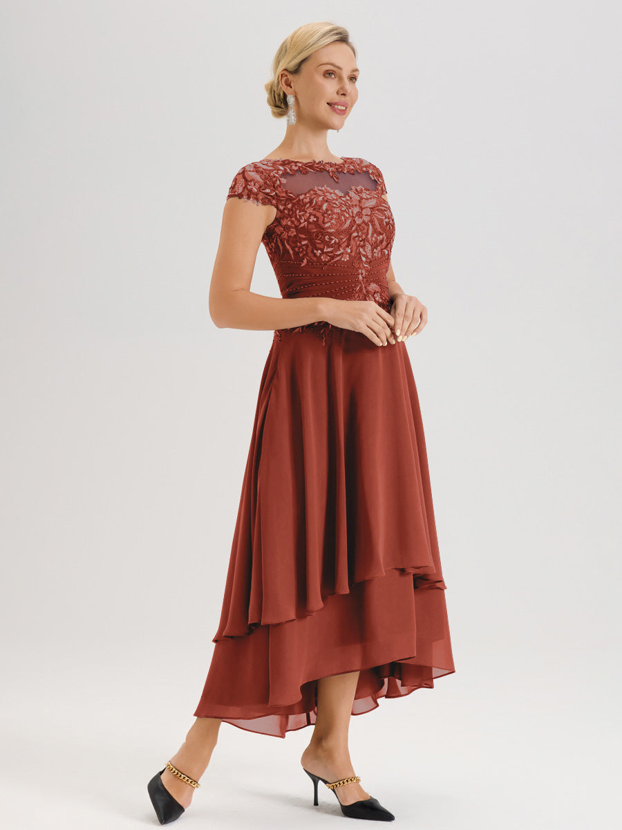 Cicinia Mère De La Mariée Rouille Col Ras Du Cou Avec Jupe À Ourlet Asymétrique En Chiffon Et Dentelle Longueur Cheville