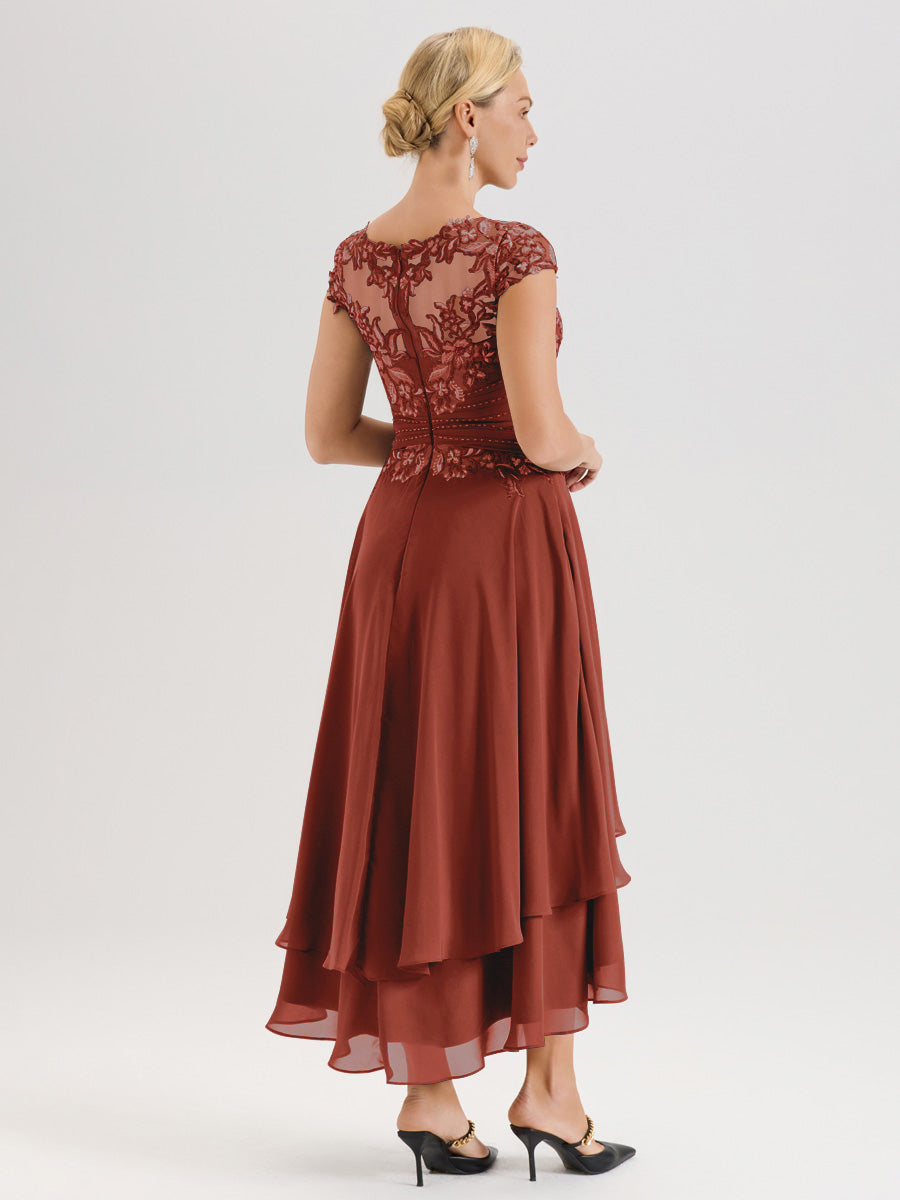 Cicinia Mère De La Mariée Rouille Col Ras Du Cou Avec Jupe À Ourlet Asymétrique En Chiffon Et Dentelle Longueur Cheville