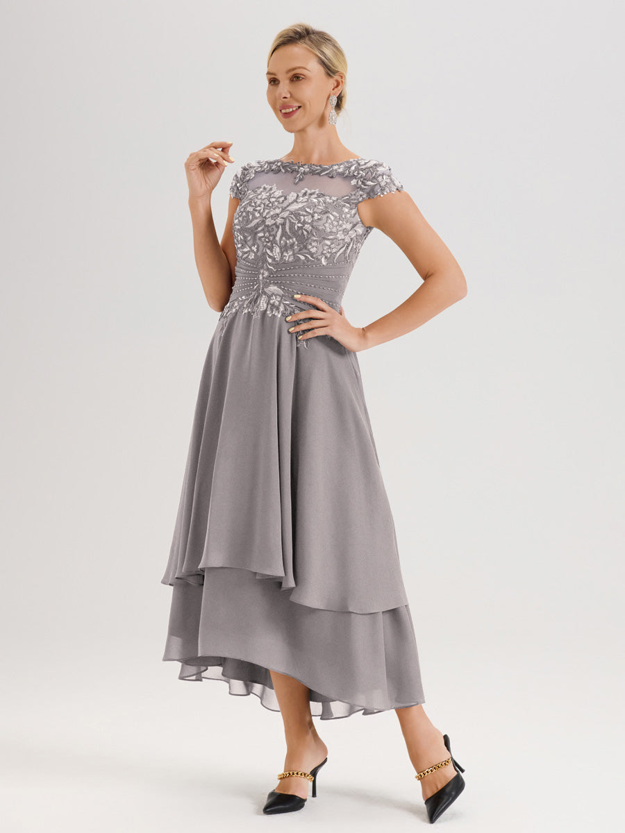 Cicinia Mère De La Mariée Argenté Col Ras Du Cou Avec Jupe À Ourlet Asymétrique En Chiffon Et Dentelle Longueur Cheville