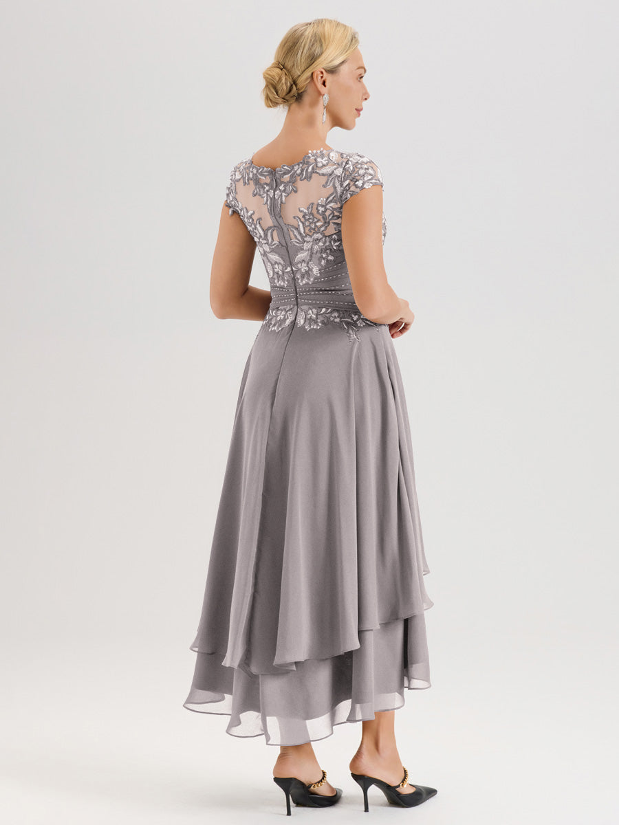 Cicinia Mère De La Mariée Argenté Col Ras Du Cou Avec Jupe À Ourlet Asymétrique En Chiffon Et Dentelle Longueur Cheville