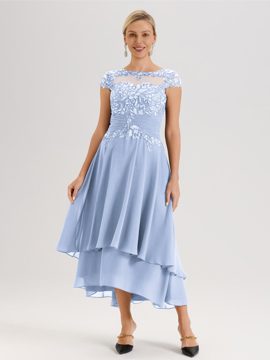 Cicinia Mère De La Mariée Bleu Ciel Col Ras Du Cou Avec Jupe À Ourlet Asymétrique En Chiffon Et Dentelle Longueur Cheville