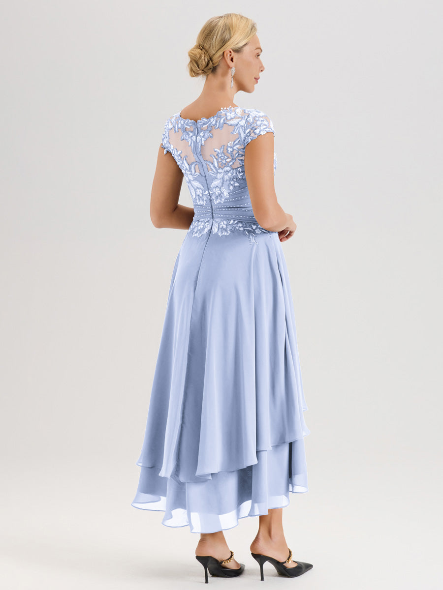 Cicinia Mère De La Mariée Bleu Ciel Col Ras Du Cou Avec Jupe À Ourlet Asymétrique En Chiffon Et Dentelle Longueur Cheville