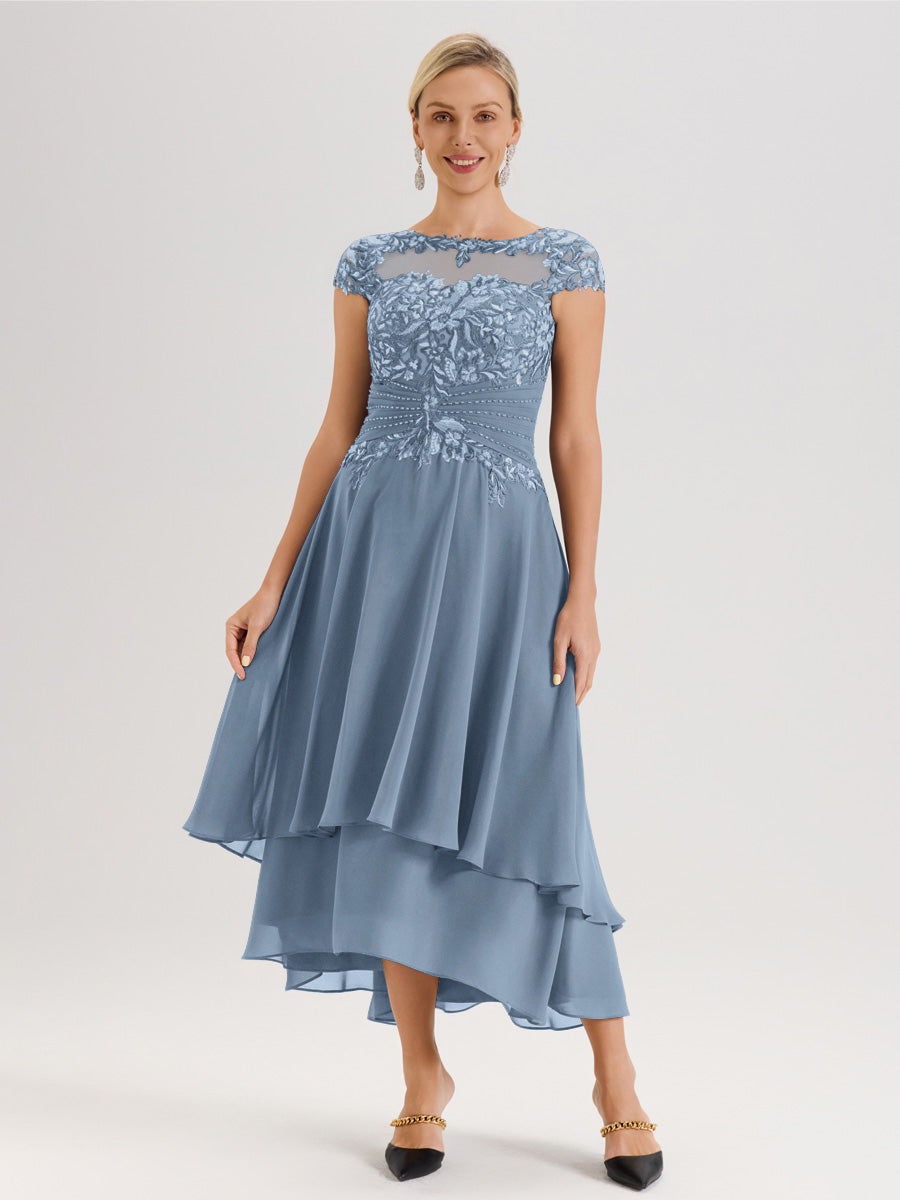 Cicinia Mère De La Mariée Bleu De Schiste Col Ras Du Cou Avec Jupe À Ourlet Asymétrique En Chiffon Et Dentelle Longueur Cheville