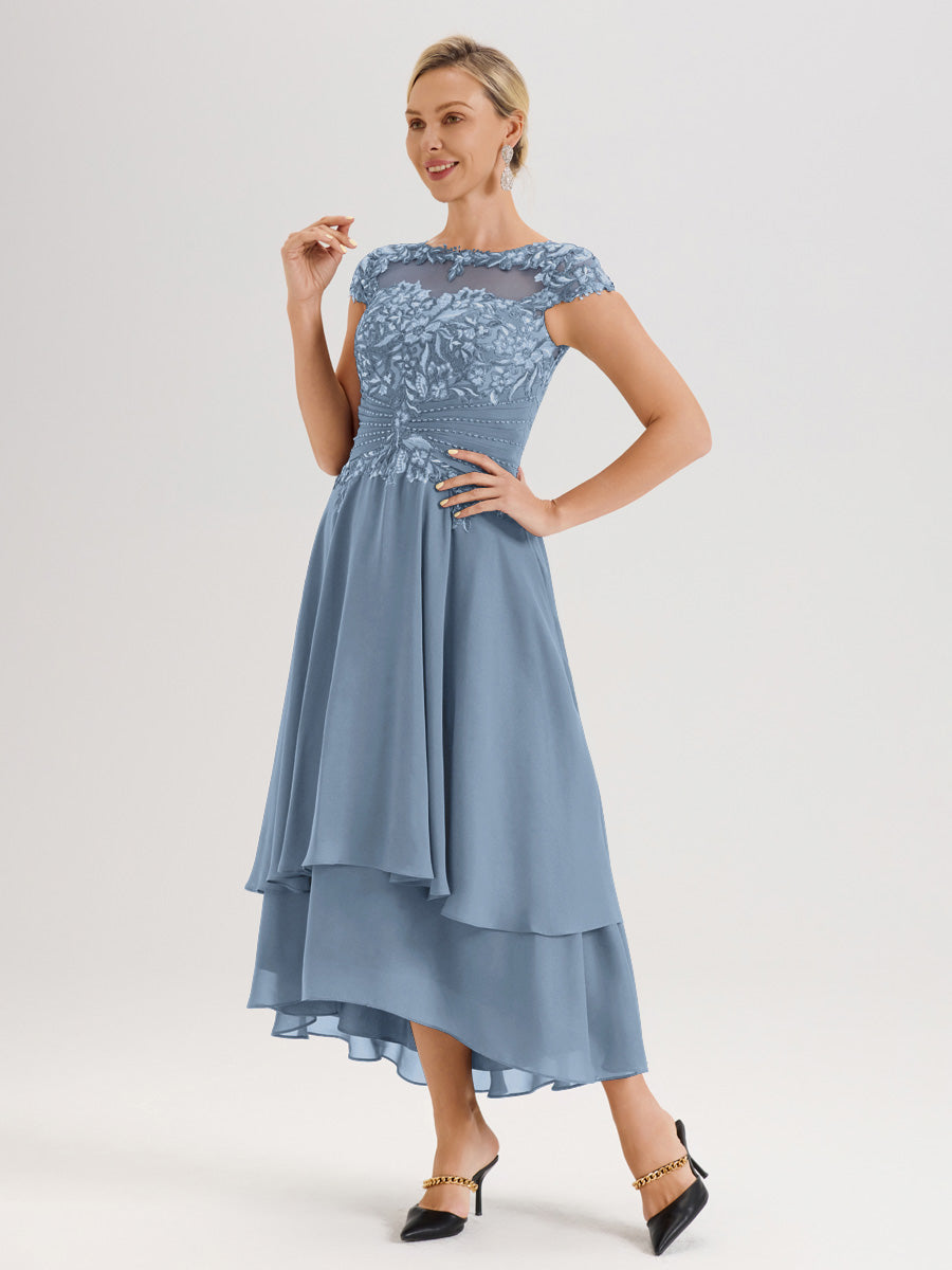 Cicinia Mère De La Mariée Bleu De Schiste Col Ras Du Cou Avec Jupe À Ourlet Asymétrique En Chiffon Et Dentelle Longueur Cheville