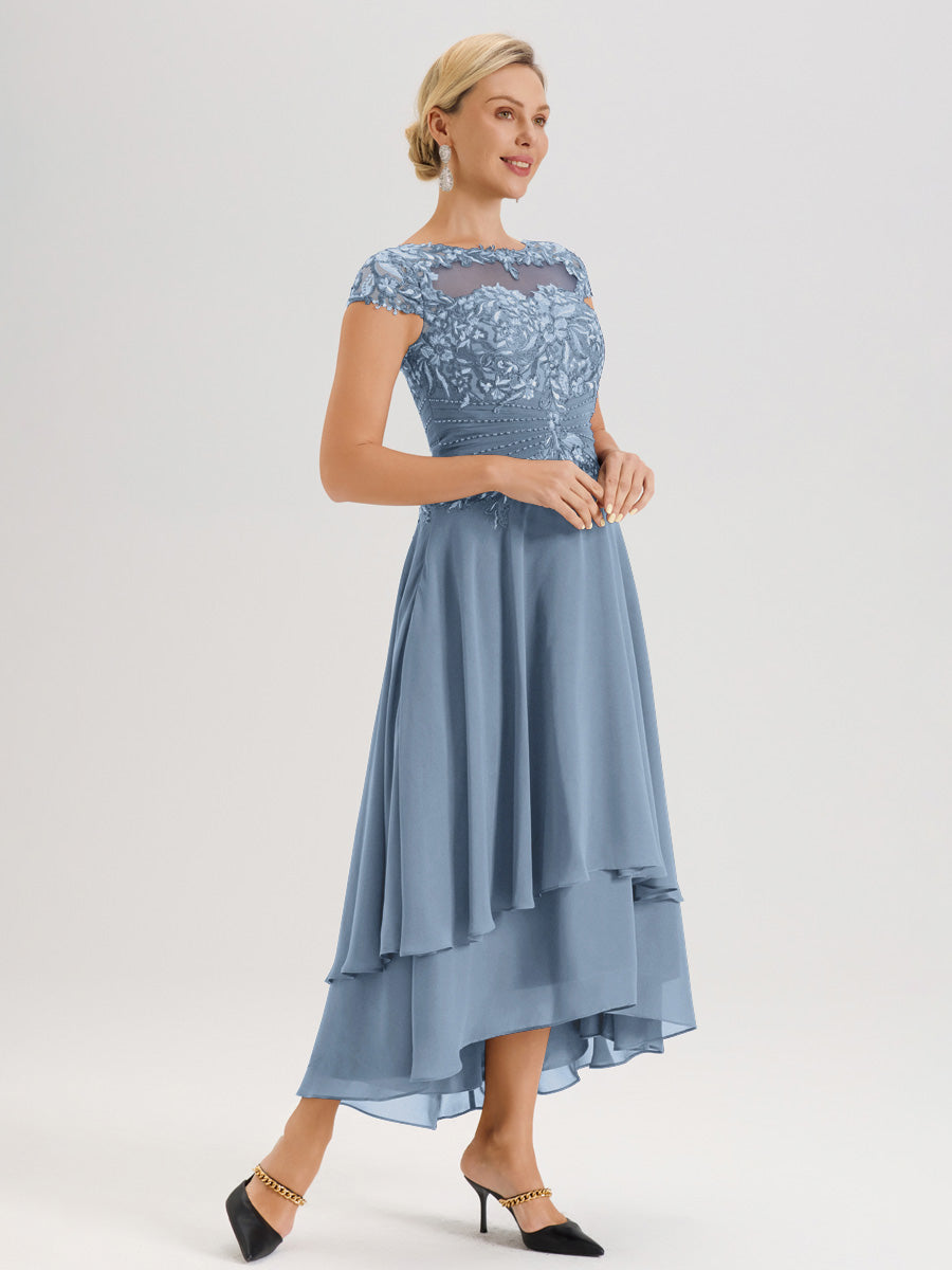 Cicinia Mère De La Mariée Bleu De Schiste Col Ras Du Cou Avec Jupe À Ourlet Asymétrique En Chiffon Et Dentelle Longueur Cheville