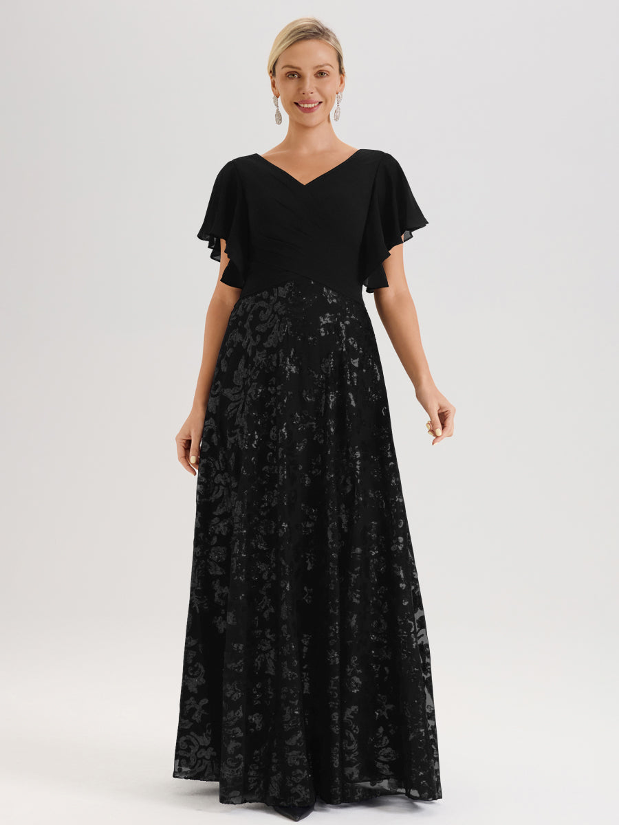 Cicinia Robe Mère De La Mariée Noir Longueur Au Sol En Chiffon Et Dentelle Décolleté En V À Manches Courtes Volantées Silhouette A-Line