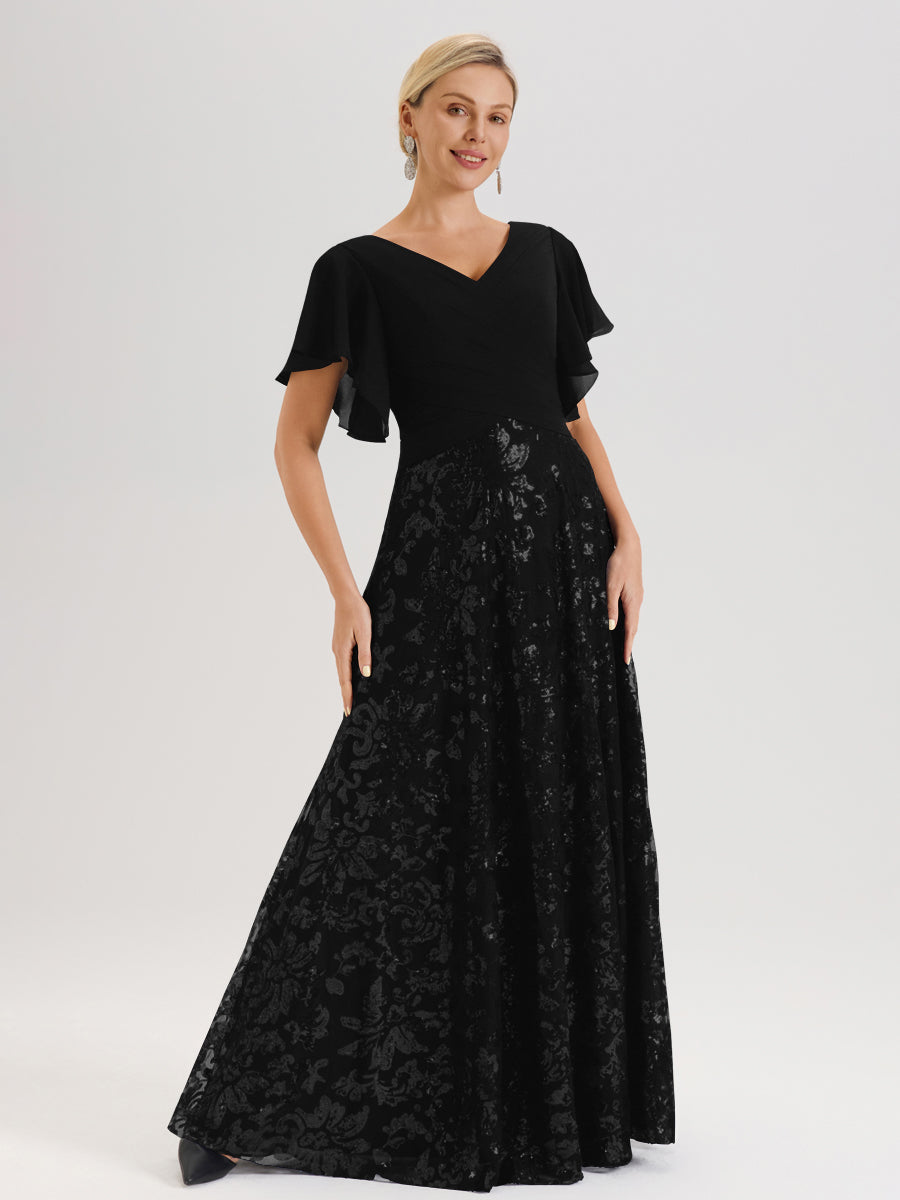 Cicinia Robe Mère De La Mariée Noir Longueur Au Sol En Chiffon Et Dentelle Décolleté En V À Manches Courtes Volantées Silhouette A-Line
