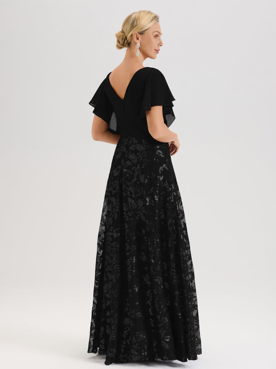 Cicinia Robe Mère De La Mariée Noir Longueur Au Sol En Chiffon Et Dentelle Décolleté En V À Manches Courtes Volantées Silhouette A-Line