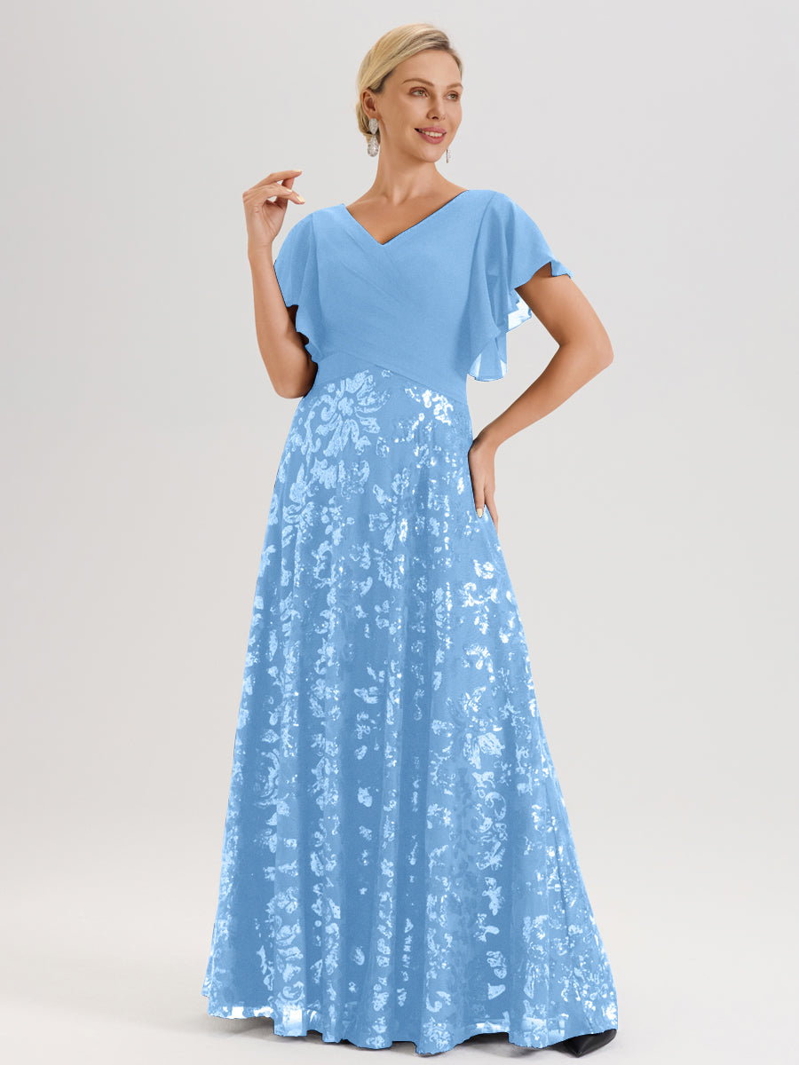 Cicinia Robe Mère De La Mariée Bleu Longueur Au Sol En Chiffon Et Dentelle Décolleté En V À Manches Courtes Volantées Silhouette A-Line