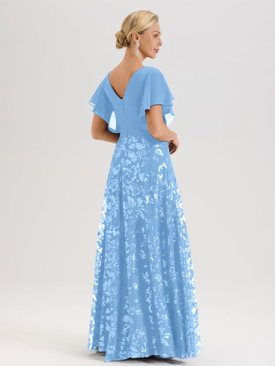 Cicinia Robe Mère De La Mariée Bleu Longueur Au Sol En Chiffon Et Dentelle Décolleté En V À Manches Courtes Volantées Silhouette A-Line