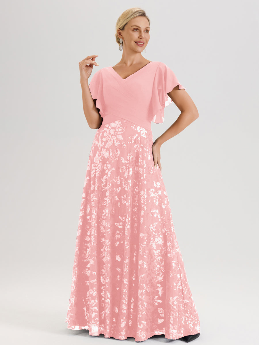 Cicinia Robe Mère De La Mariée En Rose Longueur Au Sol En Chiffon Et Dentelle Décolleté En V À Manches Courtes Volantées Silhouette A-Line