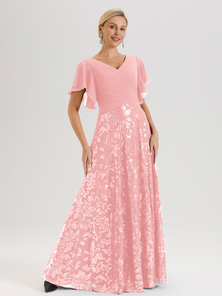 Cicinia Robe Mère De La Mariée En Rose Longueur Au Sol En Chiffon Et Dentelle Décolleté En V À Manches Courtes Volantées Silhouette A-Line