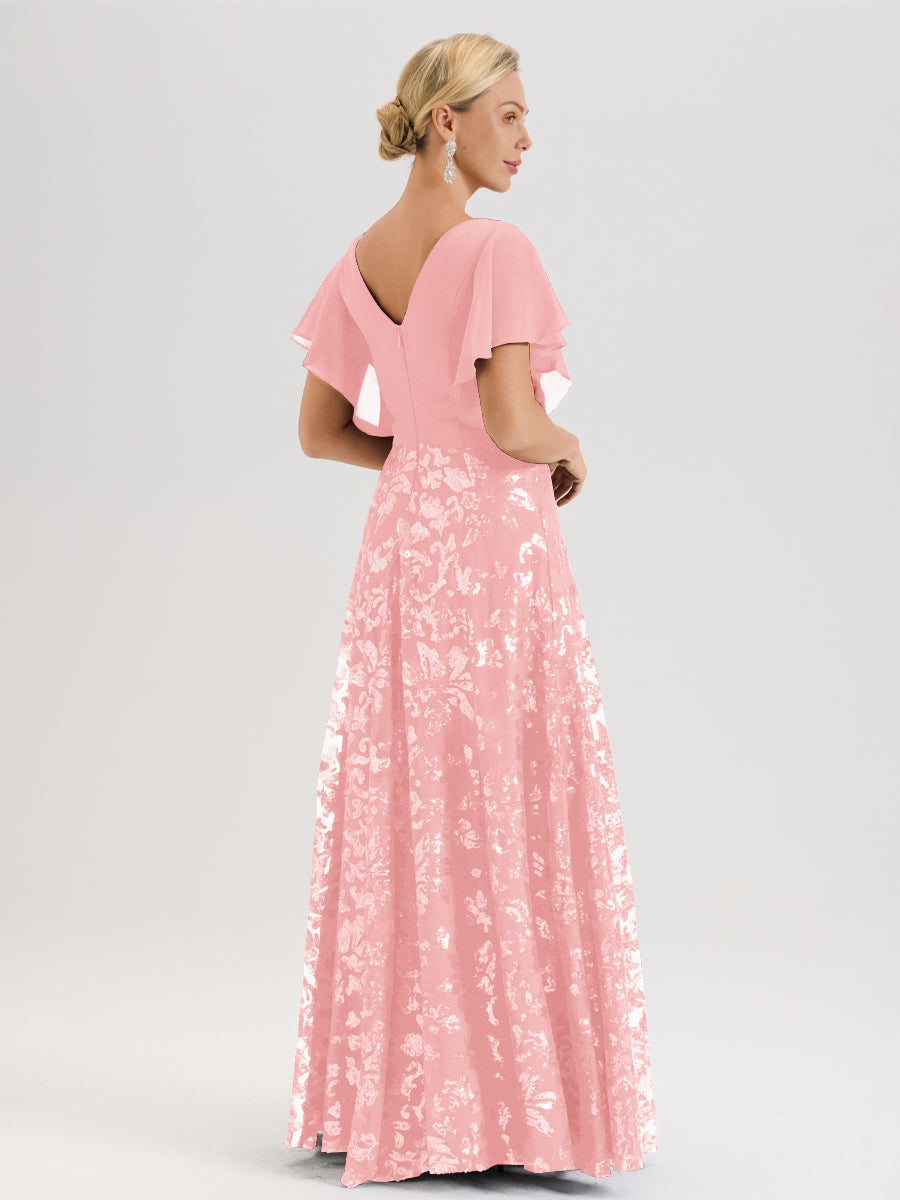 Cicinia Robe Mère De La Mariée En Rose Longueur Au Sol En Chiffon Et Dentelle Décolleté En V À Manches Courtes Volantées Silhouette A-Line
