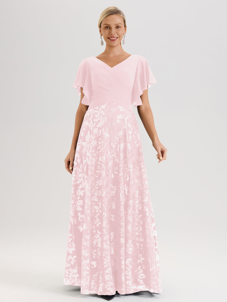 Cicinia Robe Mère De La Mariée Rose Pale Longueur Au Sol En Chiffon Et Dentelle Décolleté En V À Manches Courtes Volantées Silhouette A-Line