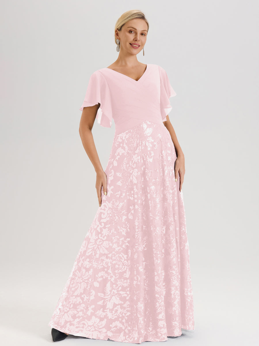 Cicinia Robe Mère De La Mariée Rose Pale Longueur Au Sol En Chiffon Et Dentelle Décolleté En V À Manches Courtes Volantées Silhouette A-Line