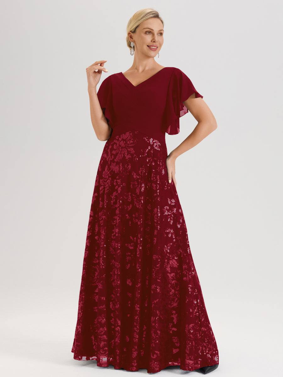 Cicinia Robe Mère De La Mariée Rouge Bordeaux Longueur Au Sol En Chiffon Et Dentelle Décolleté En V À Manches Courtes Volantées Silhouette A-Line