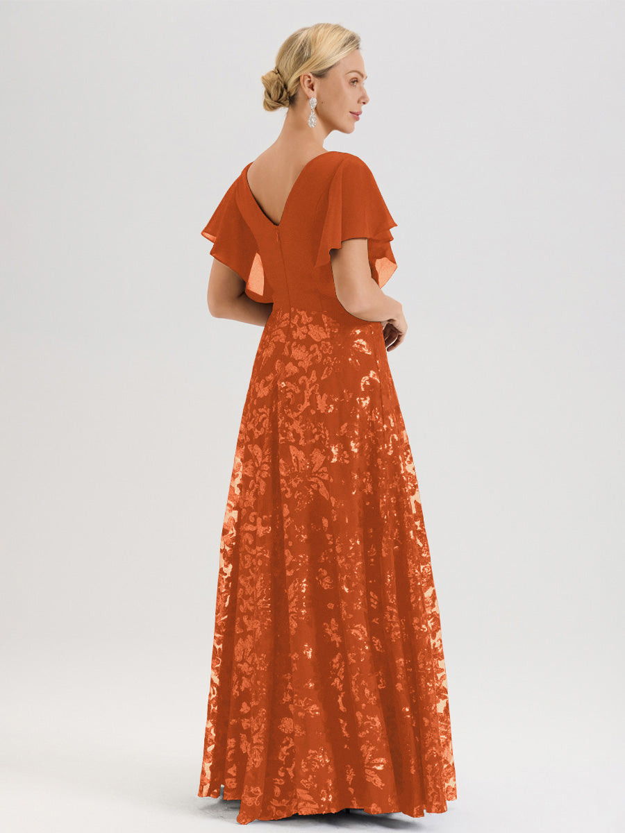 Cicinia Robe Mère De La Mariée Orange Brûlé Longueur Au Sol En Chiffon Et Dentelle Décolleté En V À Manches Courtes Volantées Silhouette A-Line