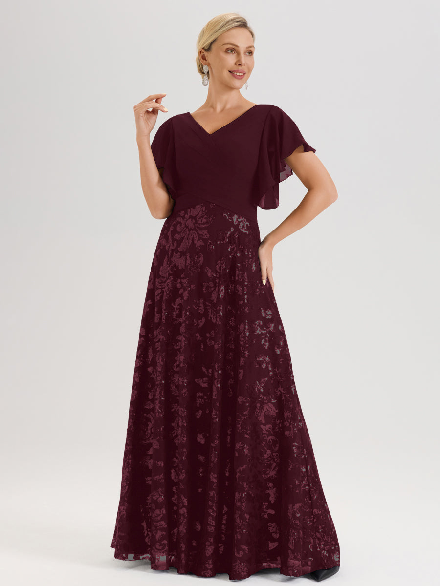 Cicinia Robe Mère De La Mariée Cabernet Longueur Au Sol En Chiffon Et Dentelle Décolleté En V À Manches Courtes Volantées Silhouette A-Line