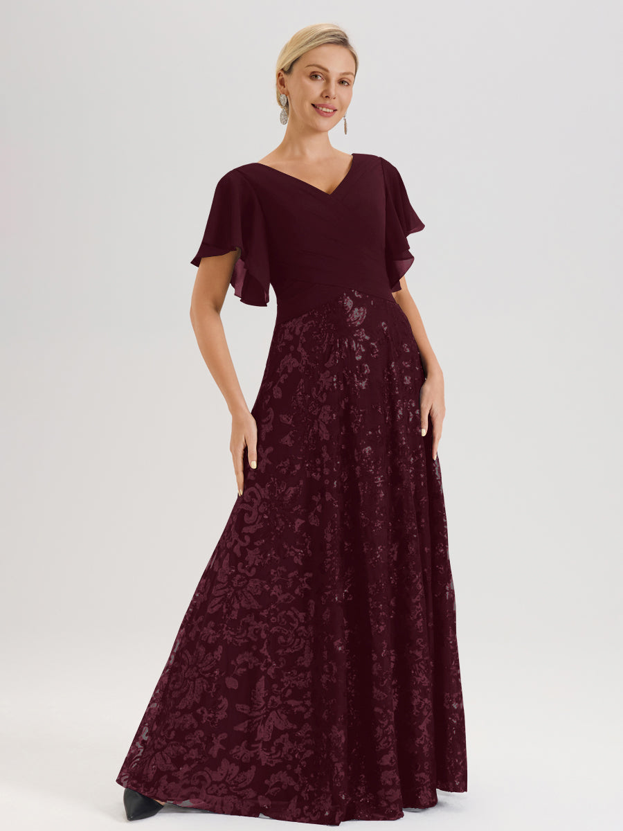 Cicinia Robe Mère De La Mariée Cabernet Longueur Au Sol En Chiffon Et Dentelle Décolleté En V À Manches Courtes Volantées Silhouette A-Line