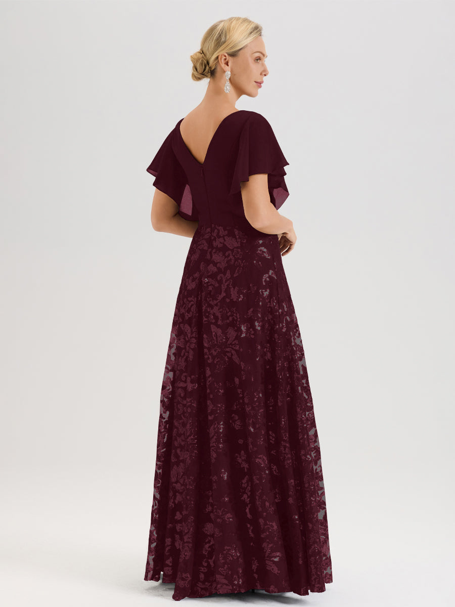 Cicinia Robe Mère De La Mariée Cabernet Longueur Au Sol En Chiffon Et Dentelle Décolleté En V À Manches Courtes Volantées Silhouette A-Line