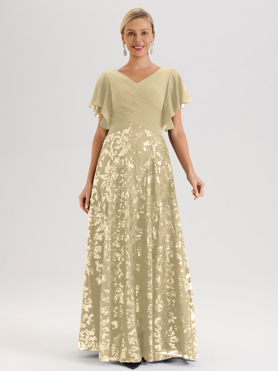 Cicinia Robe Mère De La Mariée Couleur Champagne Longueur Au Sol En Chiffon Et Dentelle Décolleté En V À Manches Courtes Volantées Silhouette A-Line