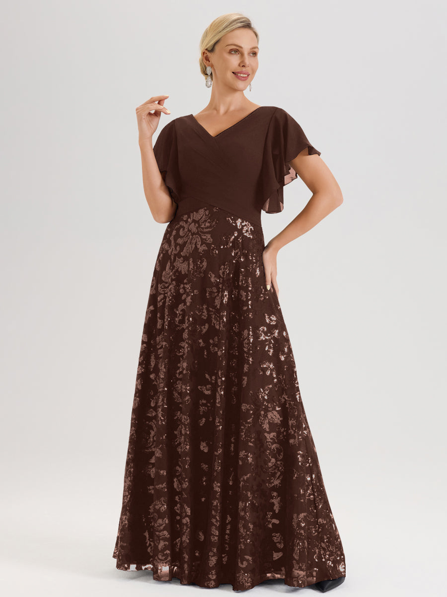 Cicinia Robe Mère De La Mariée Chocolate Longueur Au Sol En Chiffon Et Dentelle Décolleté En V À Manches Courtes Volantées Silhouette A-Line