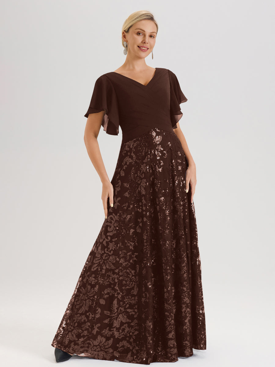 Cicinia Robe Mère De La Mariée Chocolate Longueur Au Sol En Chiffon Et Dentelle Décolleté En V À Manches Courtes Volantées Silhouette A-Line