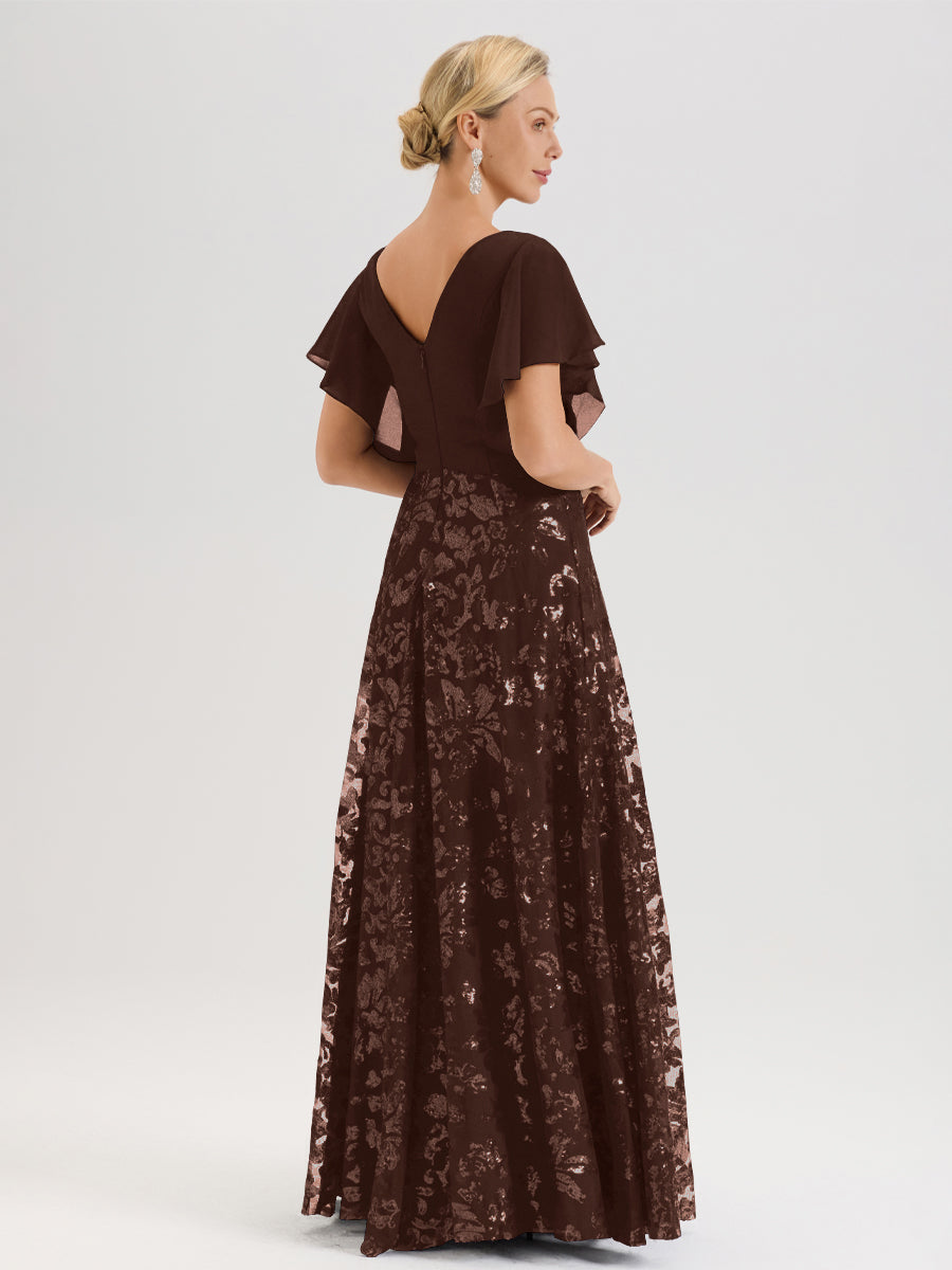 Cicinia Robe Mère De La Mariée Chocolate Longueur Au Sol En Chiffon Et Dentelle Décolleté En V À Manches Courtes Volantées Silhouette A-Line