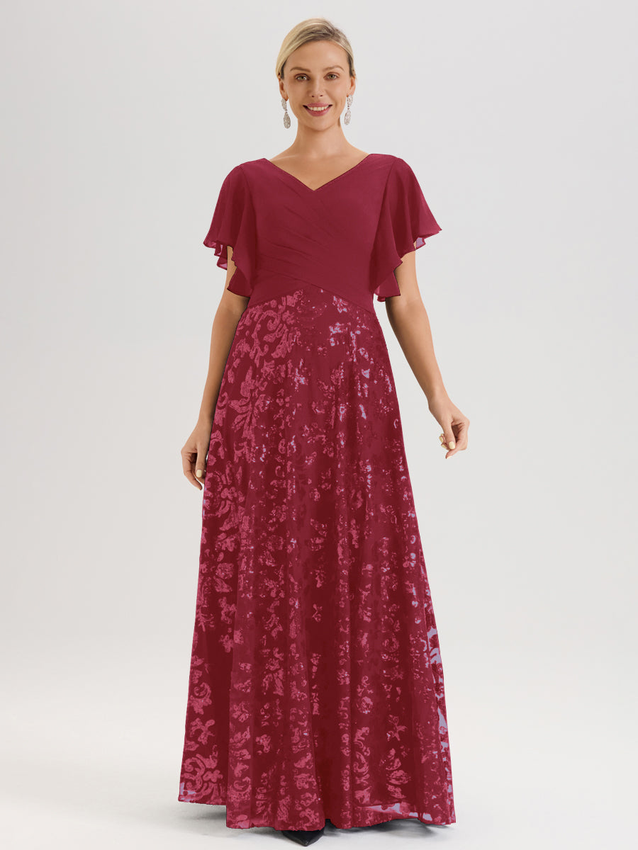 Cicinia Robe Mère De La Mariée Couleur Rose Cannelle Longueur Au Sol En Chiffon Et Dentelle Décolleté En V À Manches Courtes Volantées Silhouette A-Line