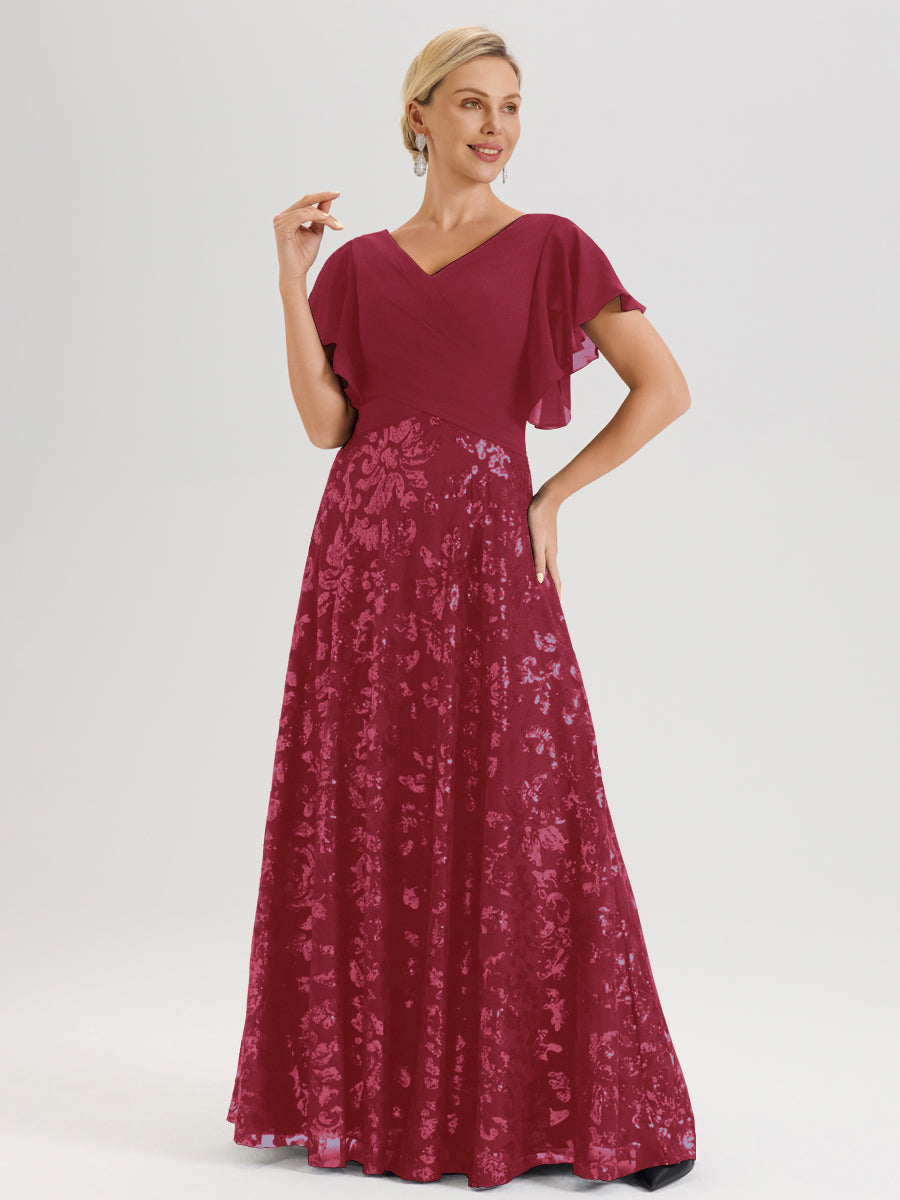 Cicinia Robe Mère De La Mariée Couleur Rose Cannelle Longueur Au Sol En Chiffon Et Dentelle Décolleté En V À Manches Courtes Volantées Silhouette A-Line