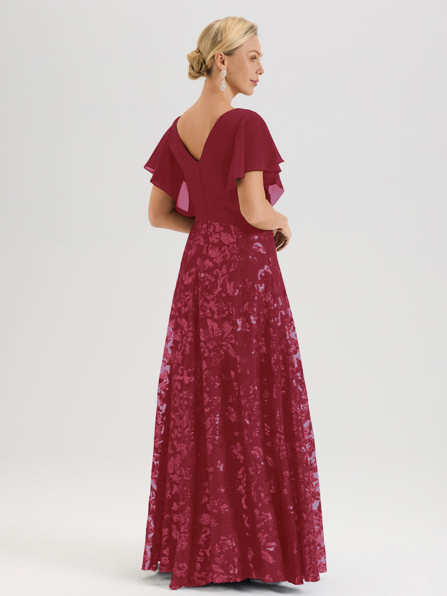Cicinia Robe Mère De La Mariée Couleur Rose Cannelle Longueur Au Sol En Chiffon Et Dentelle Décolleté En V À Manches Courtes Volantées Silhouette A-Line