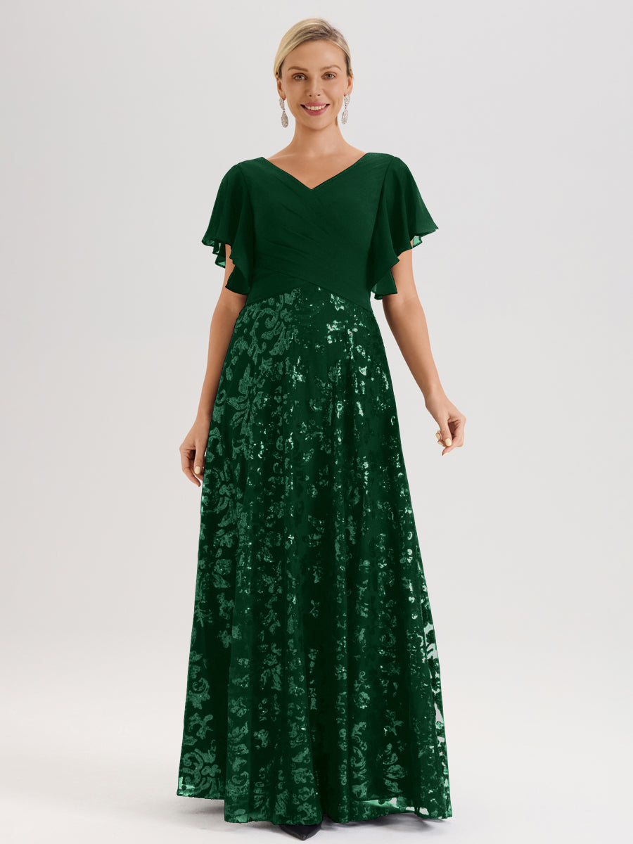 Cicinia Robe Mère De La Mariée Vert Foncé Longueur Au Sol En Chiffon Et Dentelle Décolleté En V À Manches Courtes Volantées Silhouette A-Line