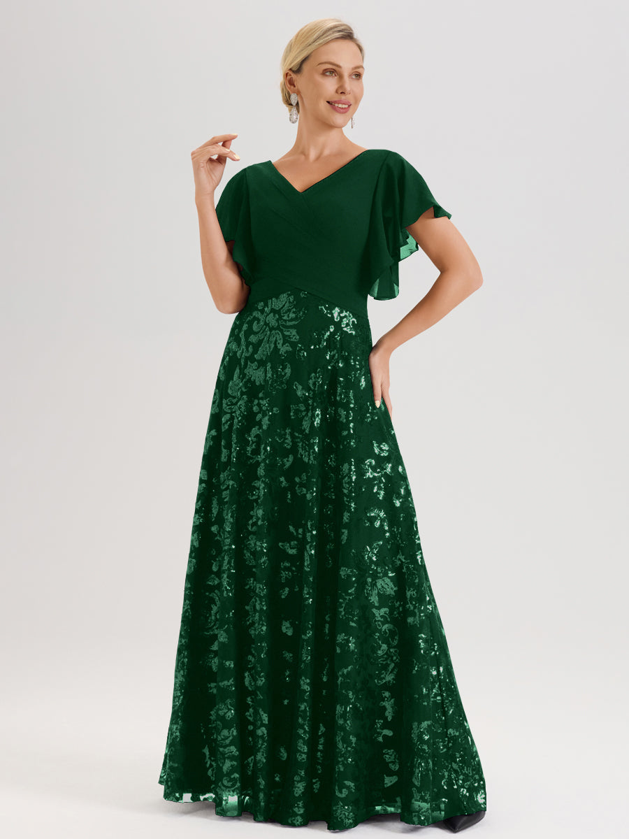 Cicinia Robe Mère De La Mariée Vert Foncé Longueur Au Sol En Chiffon Et Dentelle Décolleté En V À Manches Courtes Volantées Silhouette A-Line