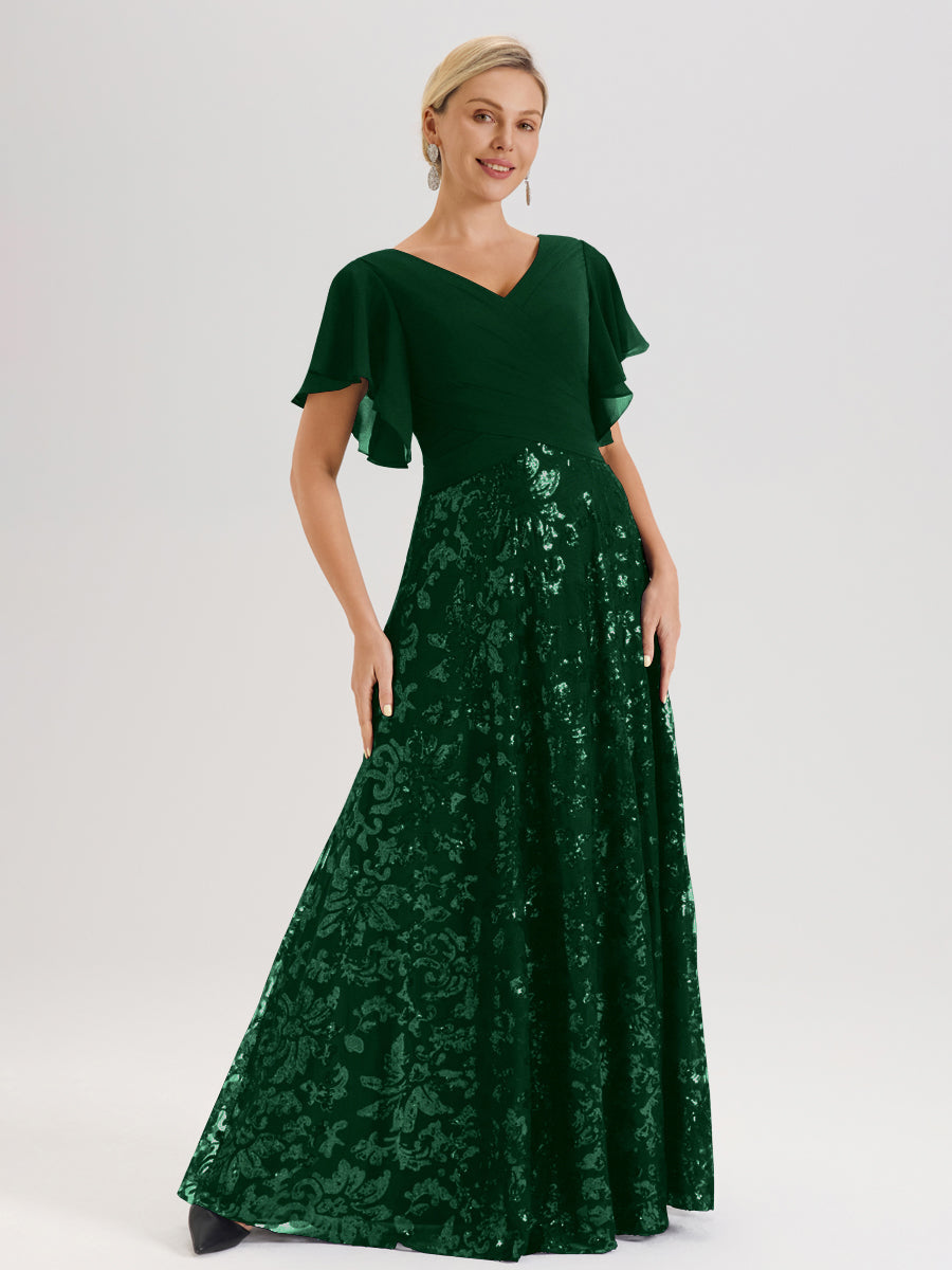 Cicinia Robe Mère De La Mariée Vert Foncé Longueur Au Sol En Chiffon Et Dentelle Décolleté En V À Manches Courtes Volantées Silhouette A-Line