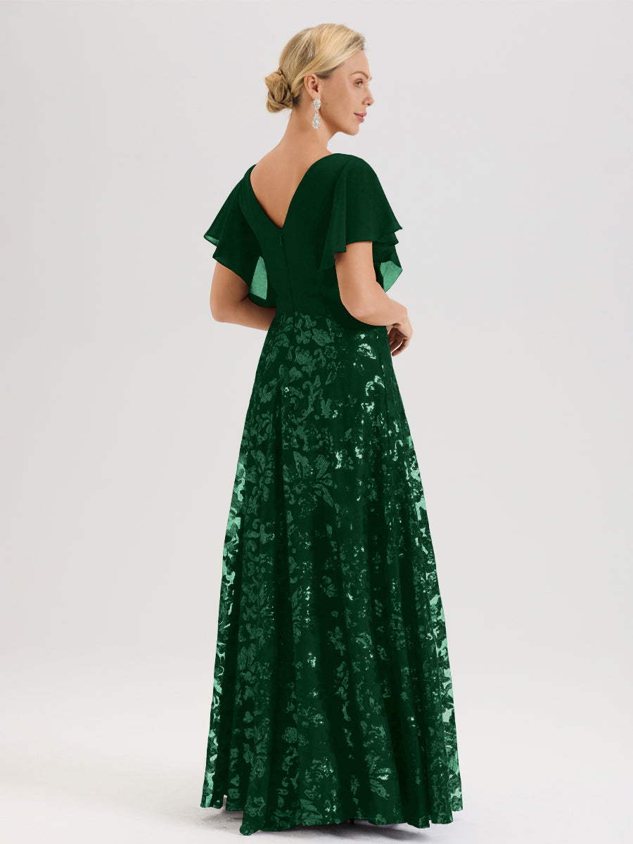 Cicinia Robe Mère De La Mariée Vert Foncé Longueur Au Sol En Chiffon Et Dentelle Décolleté En V À Manches Courtes Volantées Silhouette A-Line