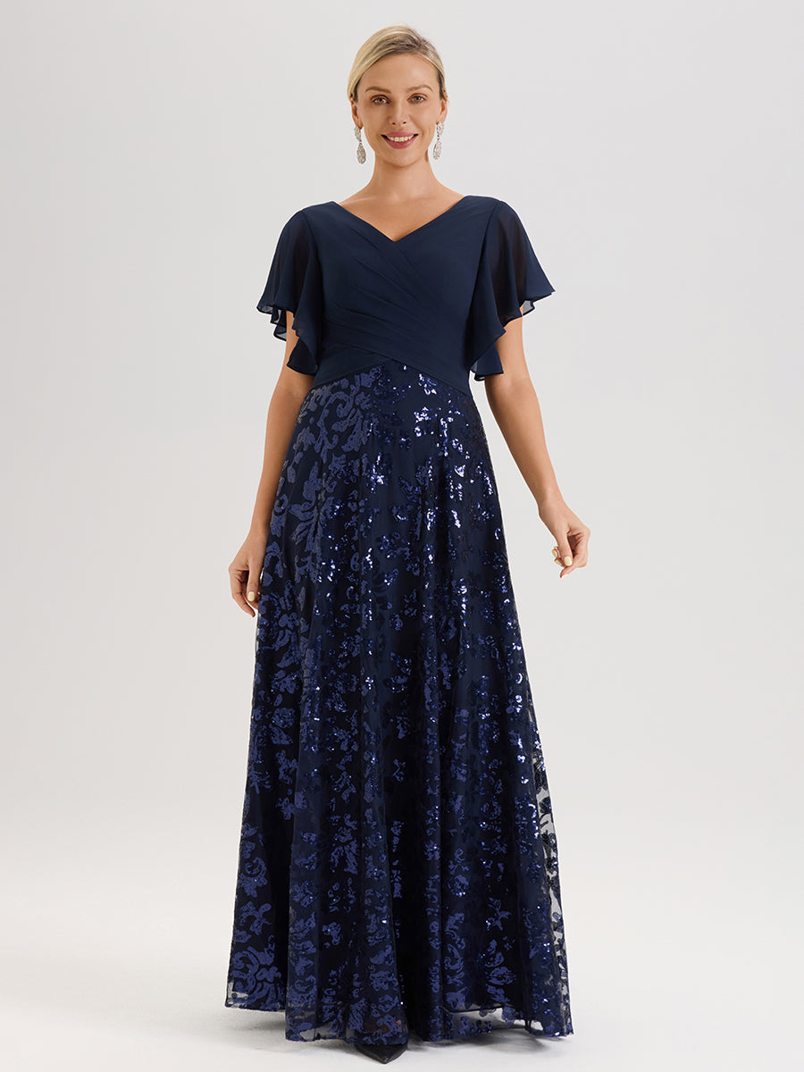 Cicinia Robe Mère De La Mariée Bleu Marine Longueur Au Sol En Chiffon Et Dentelle Décolleté En V À Manches Courtes Volantées Silhouette A-Line