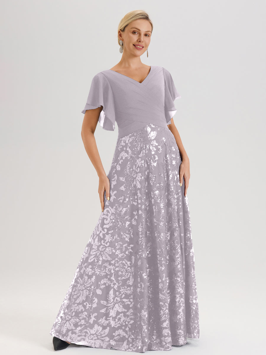 Cicinia Robe Mère De La Mariée Couleur Crépuscule Longueur Au Sol En Chiffon Et Dentelle Décolleté En V À Manches Courtes Volantées Silhouette A-Line
