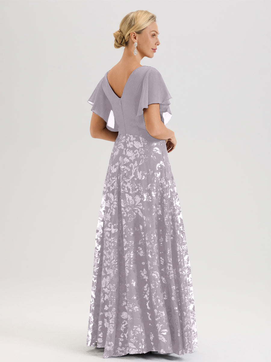Cicinia Robe Mère De La Mariée Couleur Crépuscule Longueur Au Sol En Chiffon Et Dentelle Décolleté En V À Manches Courtes Volantées Silhouette A-Line