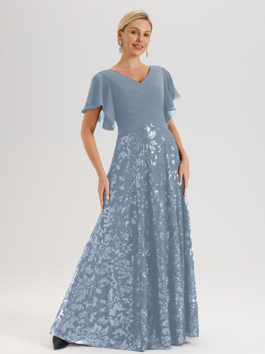 Cicinia Robe Mère De La Mariée Bleu Poussiéreux Longueur Au Sol En Chiffon Et Dentelle Décolleté En V À Manches Courtes Volantées Silhouette A-Line