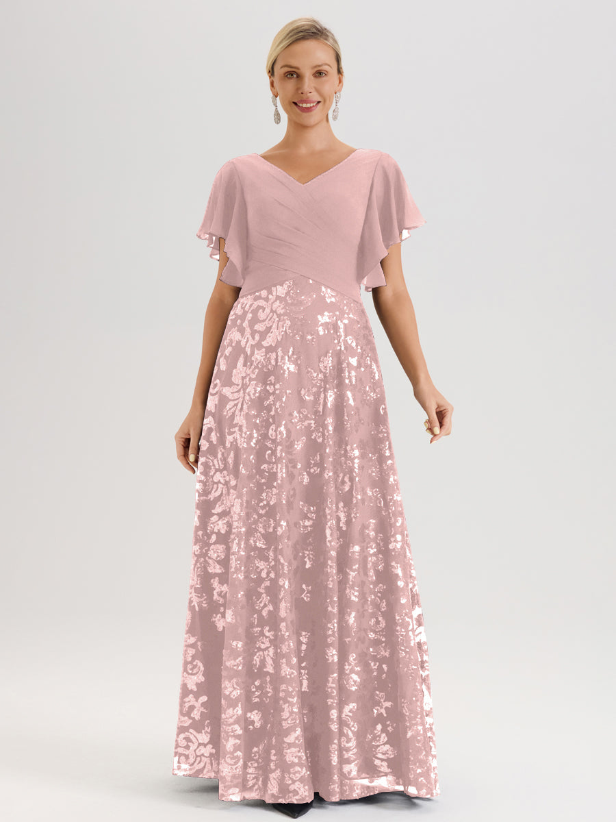 Cicinia Robe Mère De La Mariée Rose Poussiéreux Longueur Au Sol En Chiffon Et Dentelle Décolleté En V À Manches Courtes Volantées Silhouette A-Line