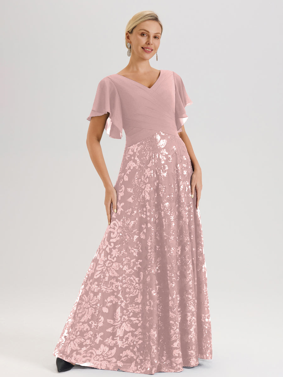 Cicinia Robe Mère De La Mariée Rose Poussiéreux Longueur Au Sol En Chiffon Et Dentelle Décolleté En V À Manches Courtes Volantées Silhouette A-Line