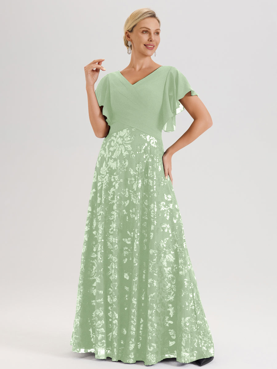 Cicinia Robe Mère De La Mariée De Sauge Poussiéreux Longueur Au Sol En Chiffon Et Dentelle Décolleté En V À Manches Courtes Volantées Silhouette A-Line