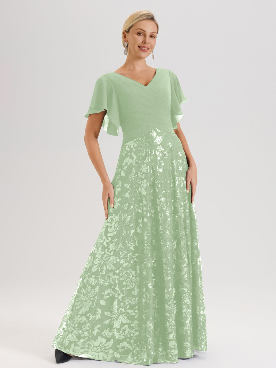Cicinia Robe Mère De La Mariée De Sauge Poussiéreux Longueur Au Sol En Chiffon Et Dentelle Décolleté En V À Manches Courtes Volantées Silhouette A-Line