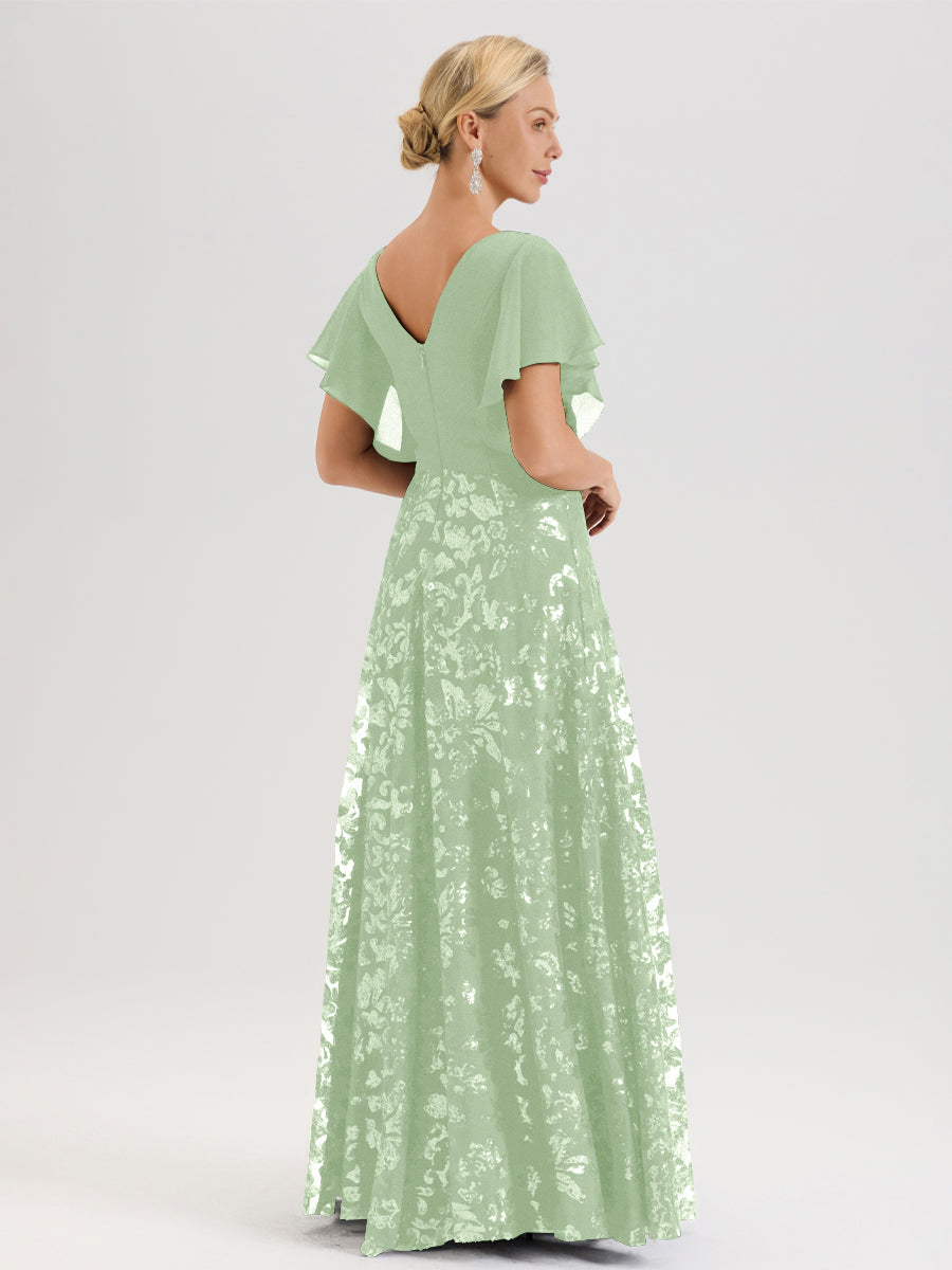 Cicinia Robe Mère De La Mariée De Sauge Poussiéreux Longueur Au Sol En Chiffon Et Dentelle Décolleté En V À Manches Courtes Volantées Silhouette A-Line