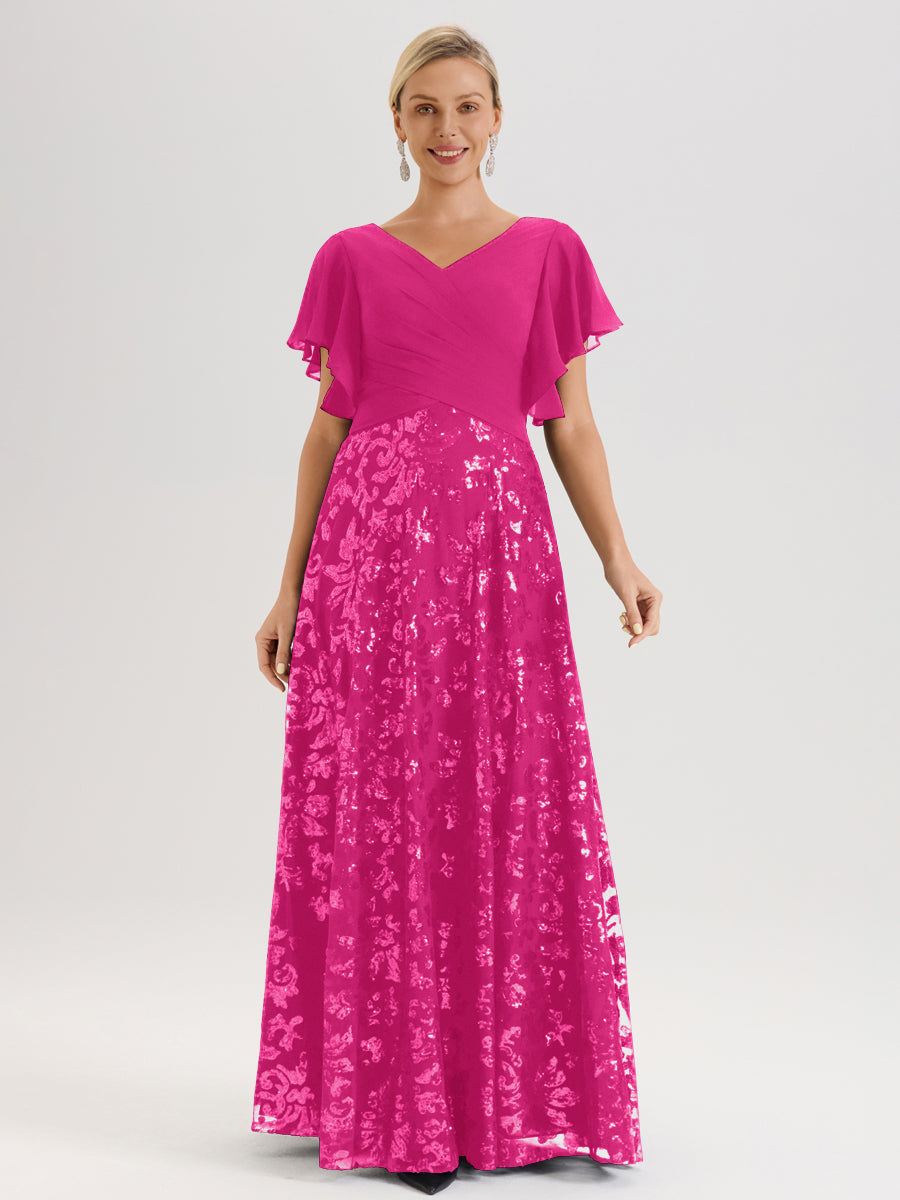 Cicinia Robe Mère De La Mariée Fuchsia Longueur Au Sol En Chiffon Et Dentelle Décolleté En V À Manches Courtes Volantées Silhouette A-Line