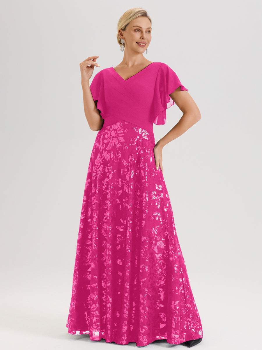 Cicinia Robe Mère De La Mariée Fuchsia Longueur Au Sol En Chiffon Et Dentelle Décolleté En V À Manches Courtes Volantées Silhouette A-Line