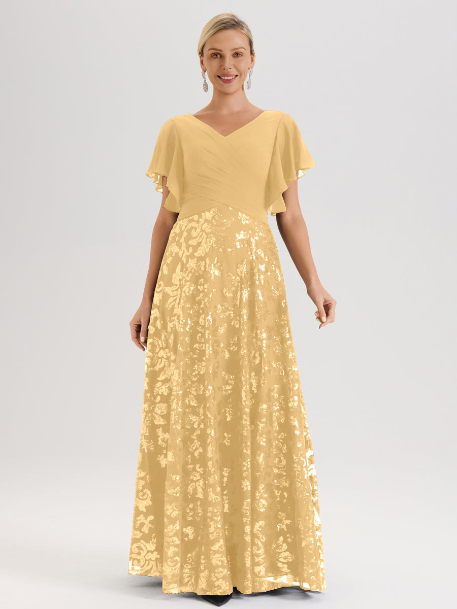 Cicinia Robe Mère De La Mariée Dorée Longueur Au Sol En Chiffon Et Dentelle Décolleté En V À Manches Courtes Volantées Silhouette A-Line