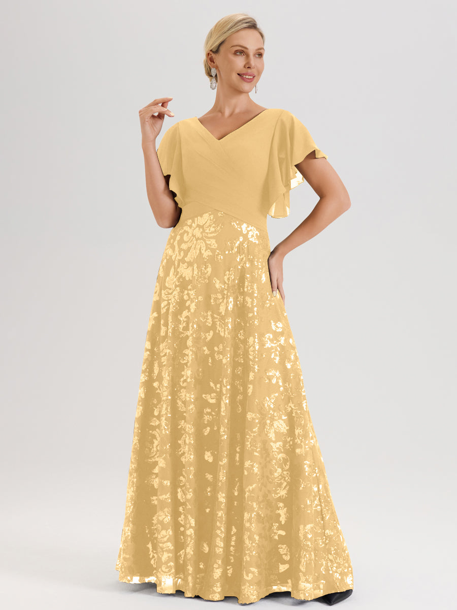 Cicinia Robe Mère De La Mariée Dorée Longueur Au Sol En Chiffon Et Dentelle Décolleté En V À Manches Courtes Volantées Silhouette A-Line