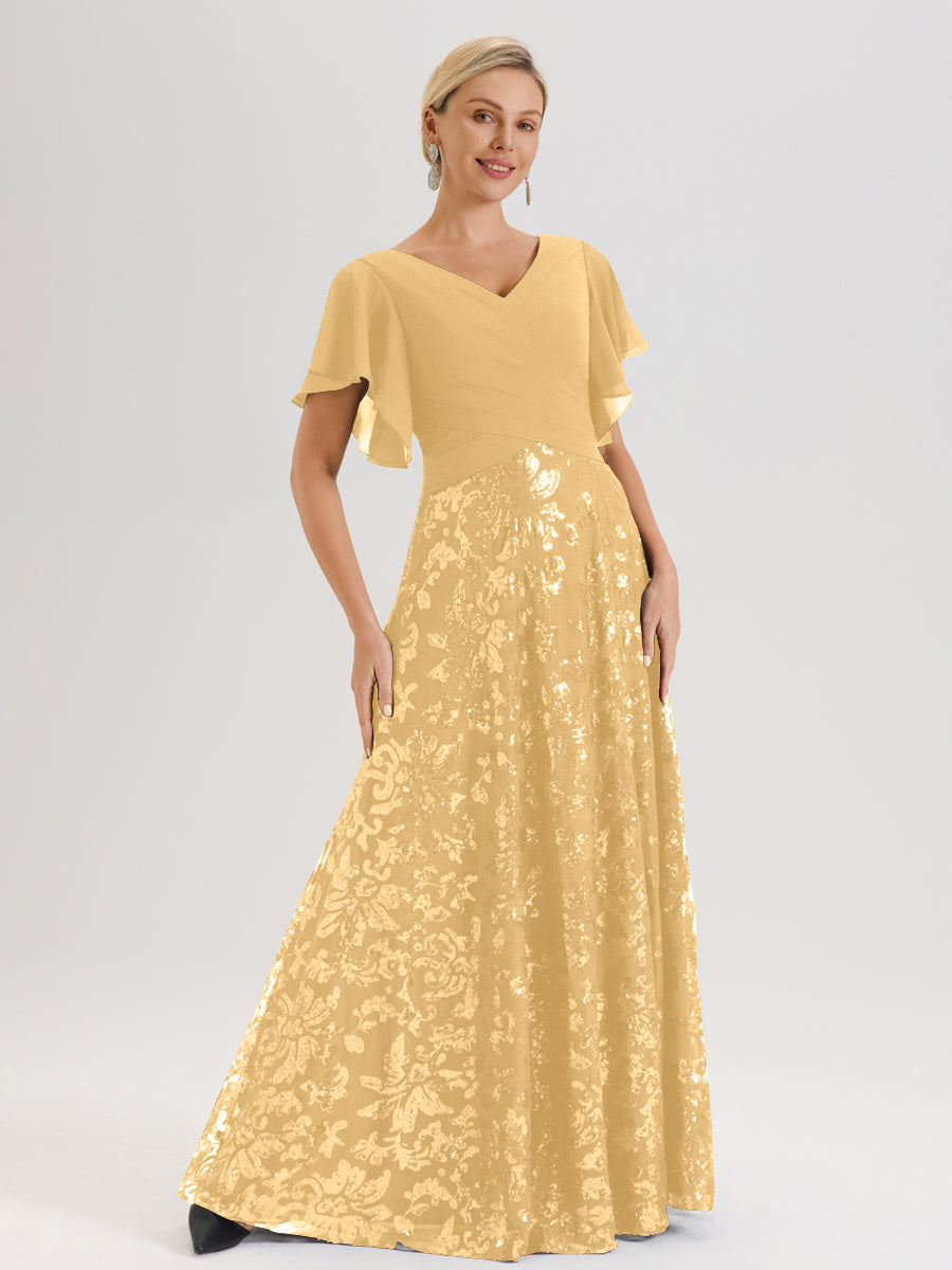 Cicinia Robe Mère De La Mariée Dorée Longueur Au Sol En Chiffon Et Dentelle Décolleté En V À Manches Courtes Volantées Silhouette A-Line